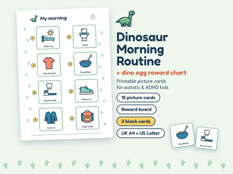 Dinosaur Morning: preview of the printable pages and picture cards