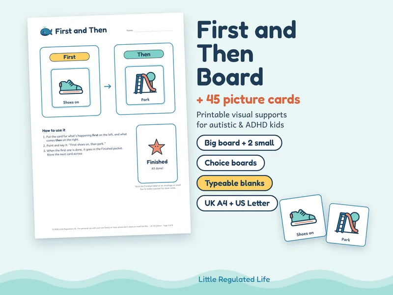 First and Then board: preview of the printable pages and picture cards