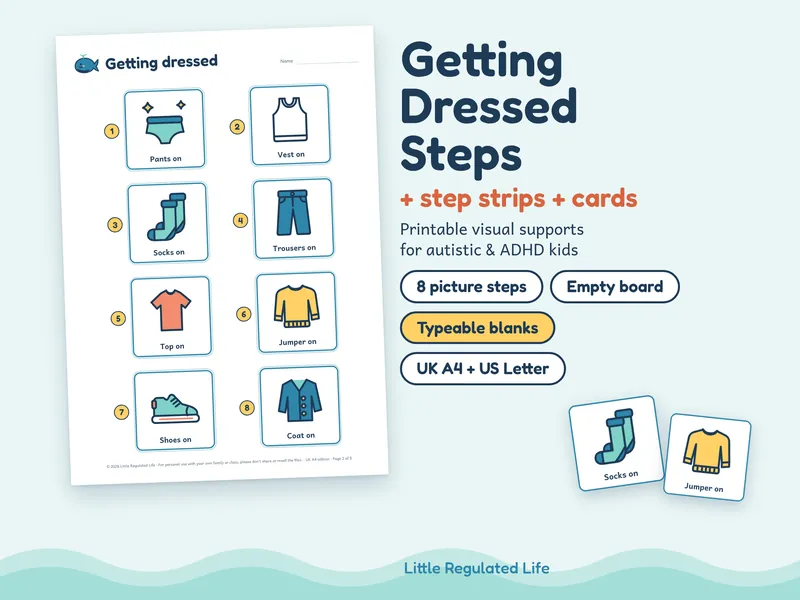 Getting dressed steps: preview of the printable pages and picture cards