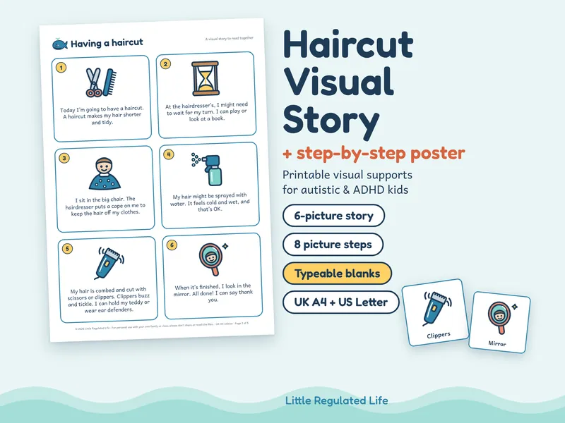 Haircut story: preview of the printable pages and picture cards