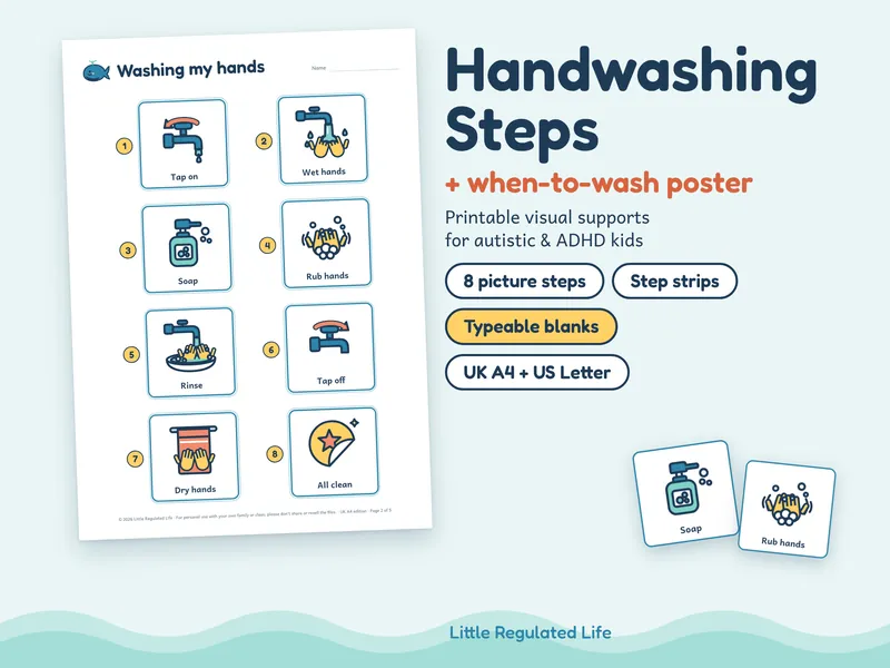 Handwashing steps: preview of the printable pages and picture cards