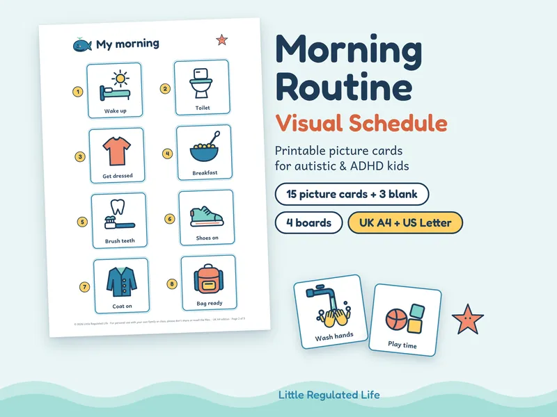 Morning Routine kit: preview of the printable pages and picture cards