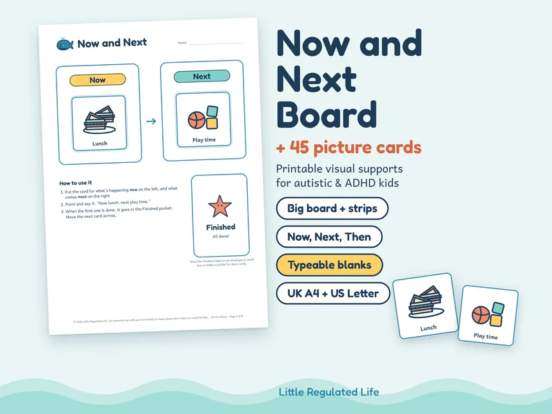 Now and Next board: preview of the printable pages and picture cards
