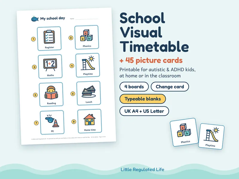 School Day timetable: preview of the printable pages and picture cards