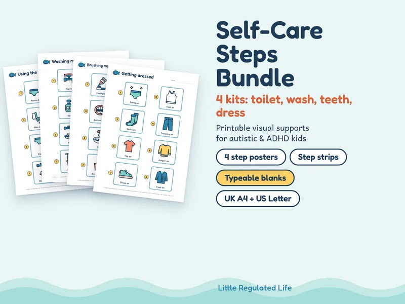 Self-Care Steps bundle: preview of the printable pages and picture cards