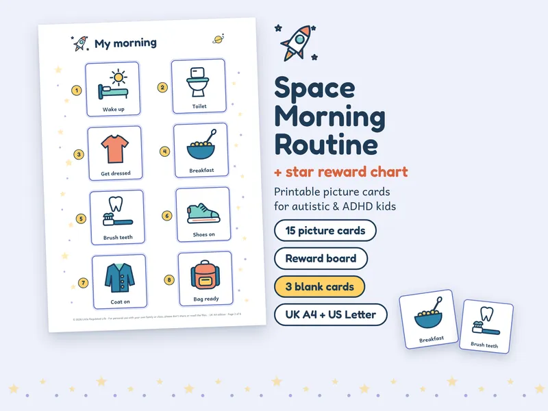 Space Morning: preview of the printable pages and picture cards
