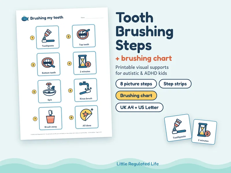 Tooth brushing steps: preview of the printable pages and picture cards